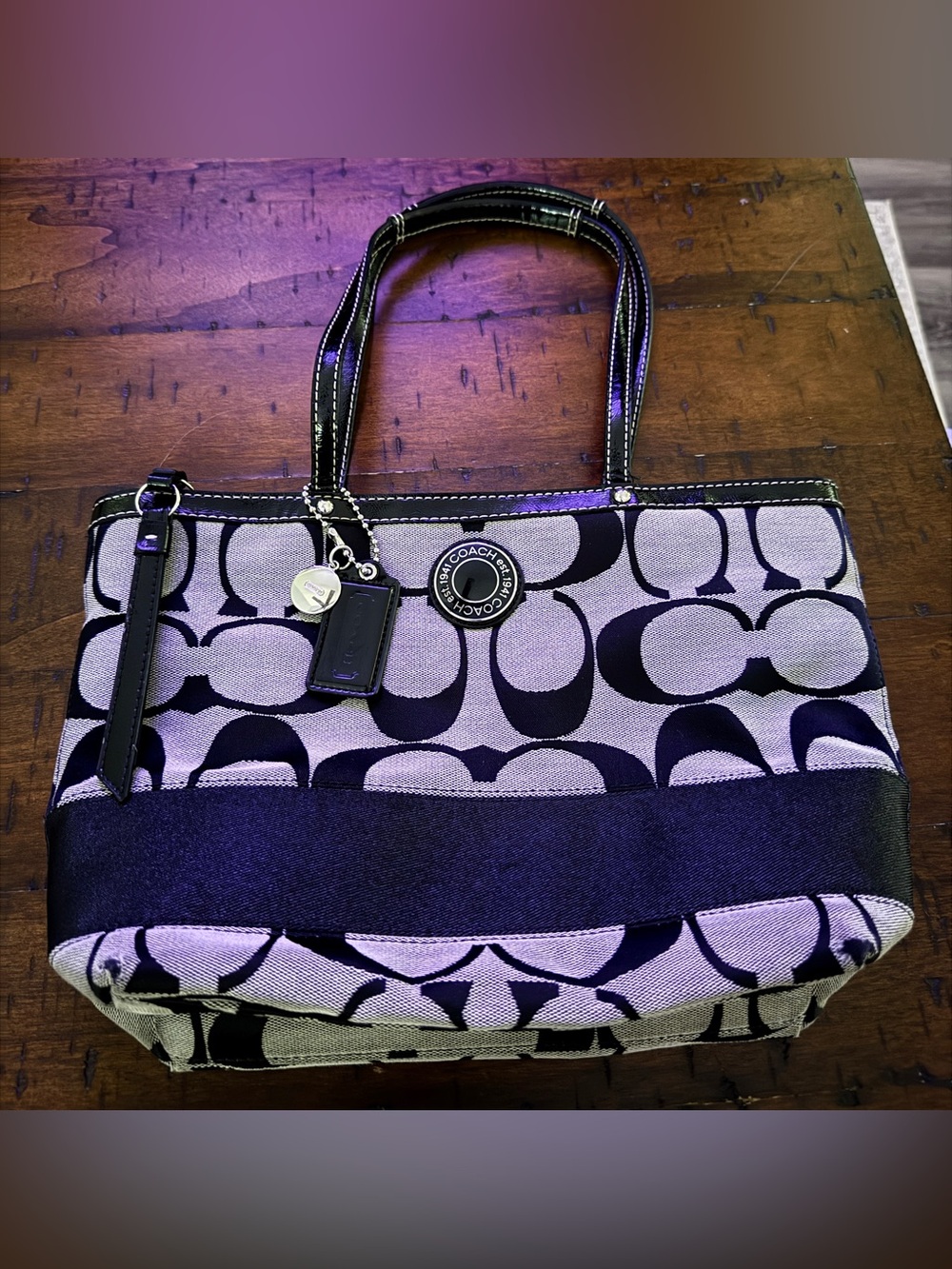 VTG Coach Signature Stripe Tote Bag Black Gray Canvas Patent Leather